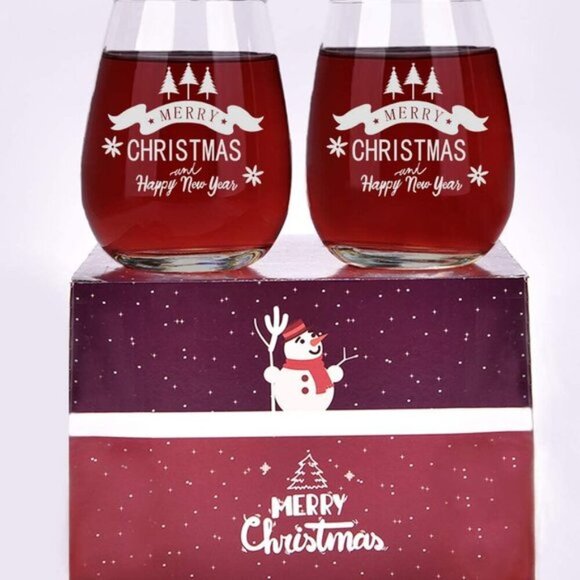 MERRY CHRISTMAS STEMLESS WINE GLASSES SET 2 - Picture 1 of 8